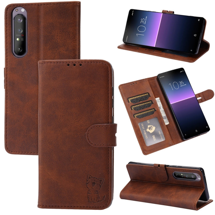 Brown leather flip phone case with embossed cat, card slots, and fold stand