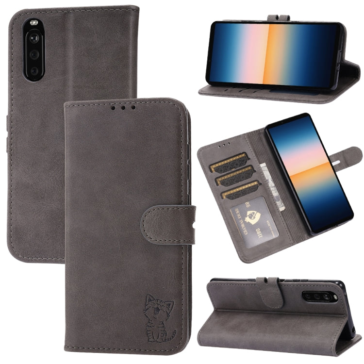 Grey embossed cat flip leather phone case with card slots and stand holder