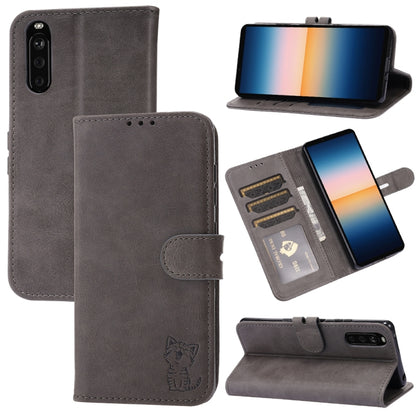 Grey embossed cat flip leather phone case with card slots and stand holder