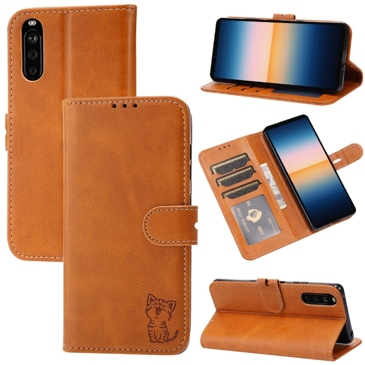 Orange embossed cat flip leather phone case with card slots and stand holder