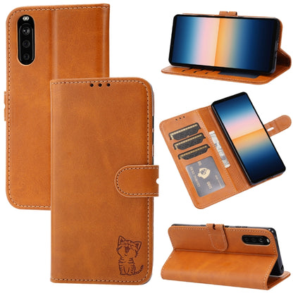 Orange embossed cat flip leather phone case with card slots and stand holder