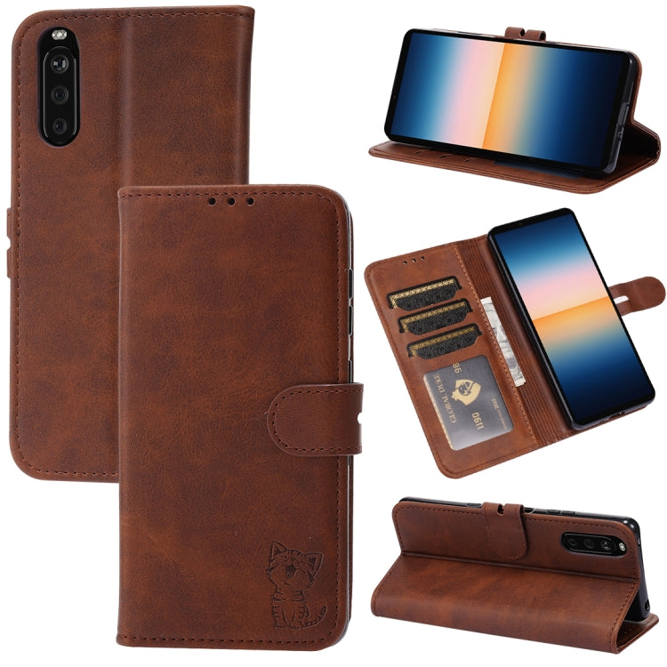 Brown embossed cat flip leather phone case with card slots and stand holder