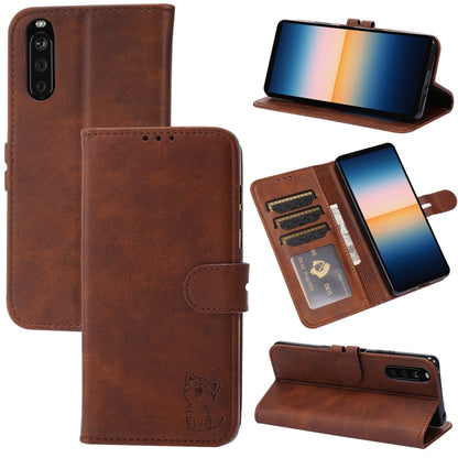 Brown embossed cat flip leather phone case with card slots and stand holder