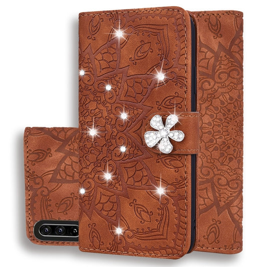 Brown embossed mandala leather phone case, double-fold with rhinestone flower clasp