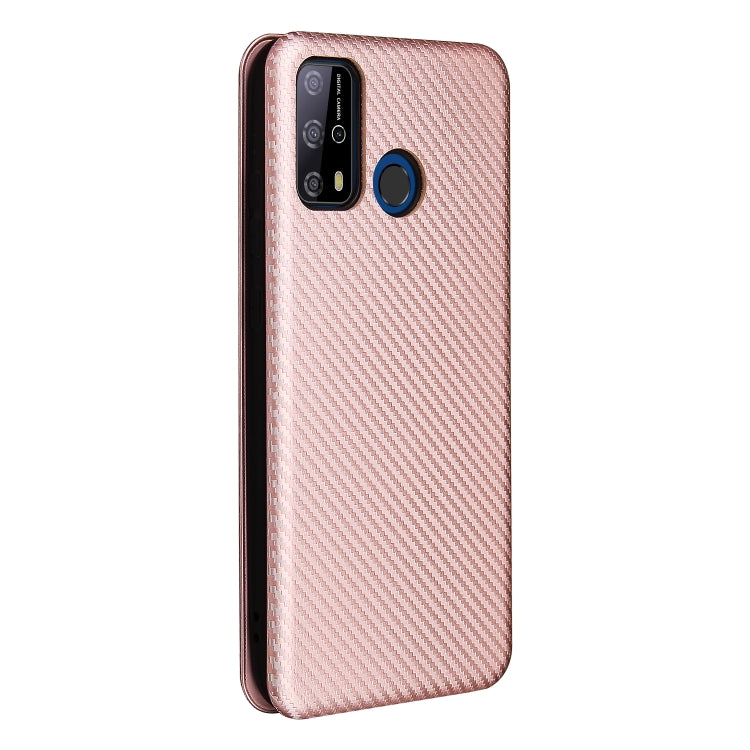 Pink carbon fiber texture phone case with camera and button cutouts, back view