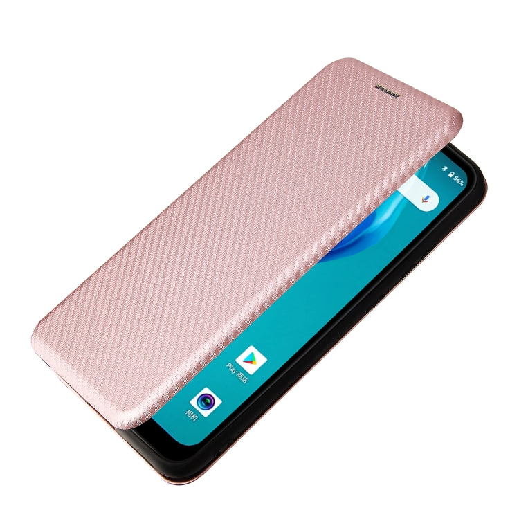 Pink carbon fiber texture horizontal flip case with cover open for screen access