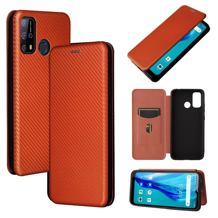 Brown carbon fiber texture horizontal flip phone case with card slot and magnetic closure