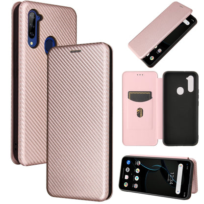 Magnetic flip phone case with carbon-fiber texture and card slot, light pink
