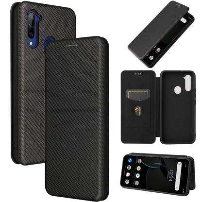 Magnetic flip phone case with carbon-fiber texture and card slot, charcoal black