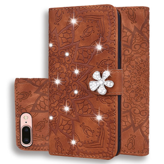Brown embossed mandala wallet phone case with double fold and crystal flower clasp