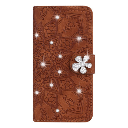 Brown embossed mandala wallet phone case with front card slots and crystal flower clasp