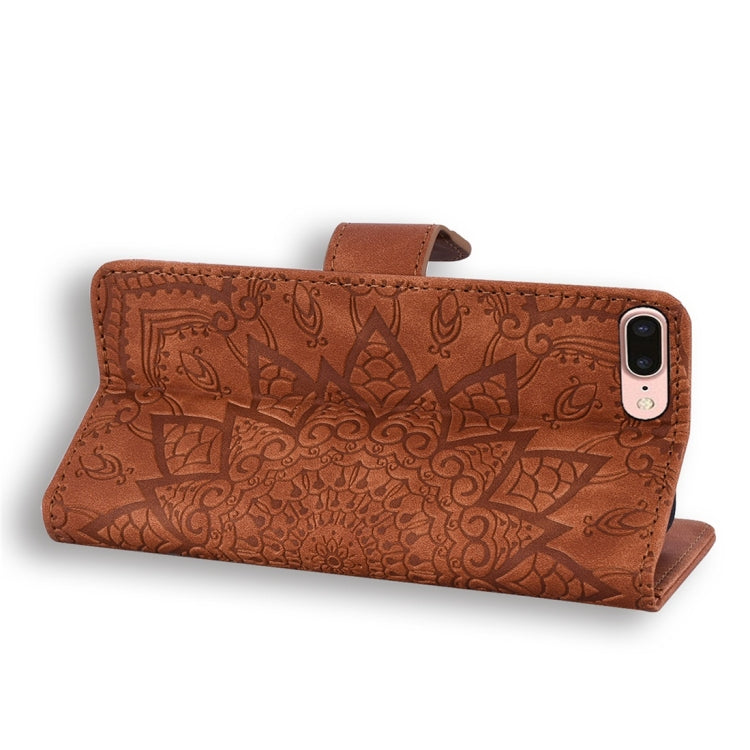 Brown embossed mandala leather phone wallet case with strap and camera cutout