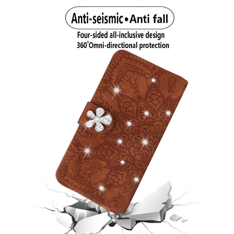 Brown embossed mandala wallet phone case with crystal flower clasp and anti-fall design