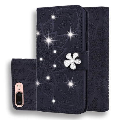 Black embossed mandala wallet phone case with double fold and crystal flower clasp