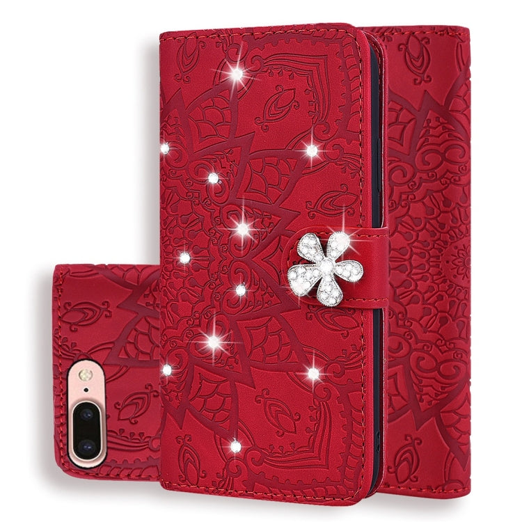 Red embossed mandala wallet phone case with double fold and crystal flower clasp