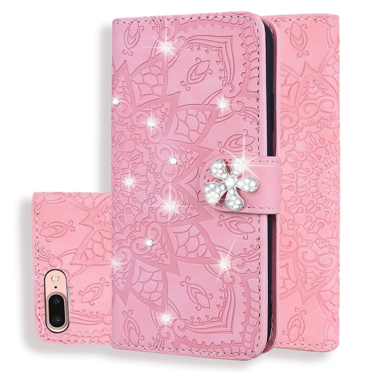 Pink embossed mandala wallet phone case with double fold and crystal flower clasp