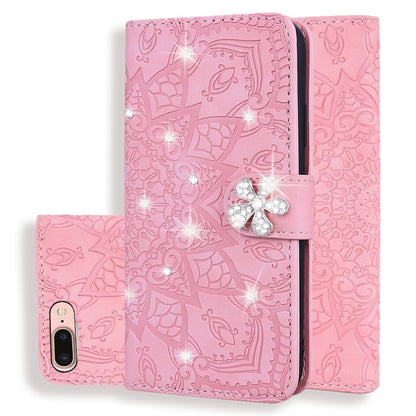 Pink embossed mandala wallet phone case with double fold and crystal flower clasp