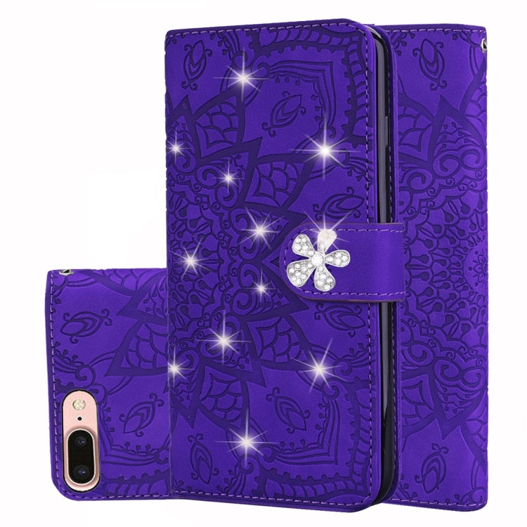 Purple embossed diamond mandala leather phone wallet case with folio and card slots