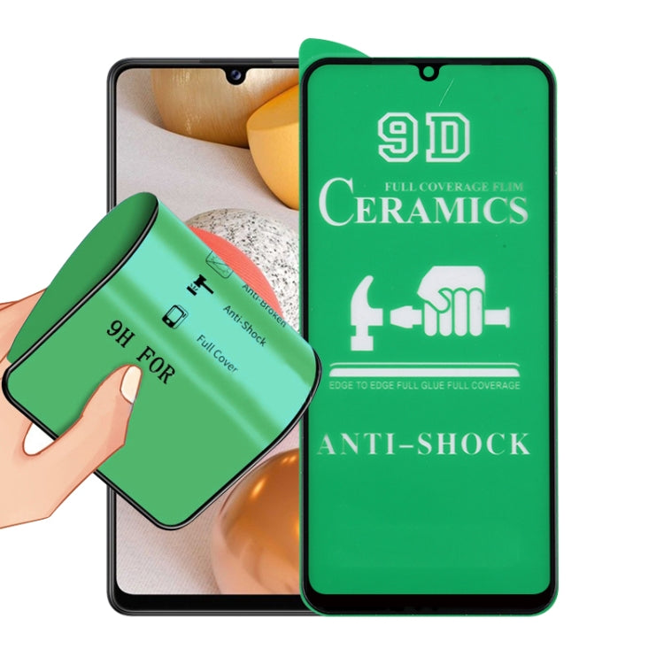 9D ceramic full-screen screen protector film with full glue, anti-shock; hand holds near phone