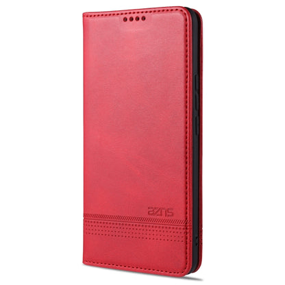 Red textured flip leather phone case, front view with top speaker holes