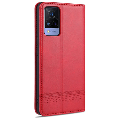 Red textured flip leather phone case with camera opening on back cover