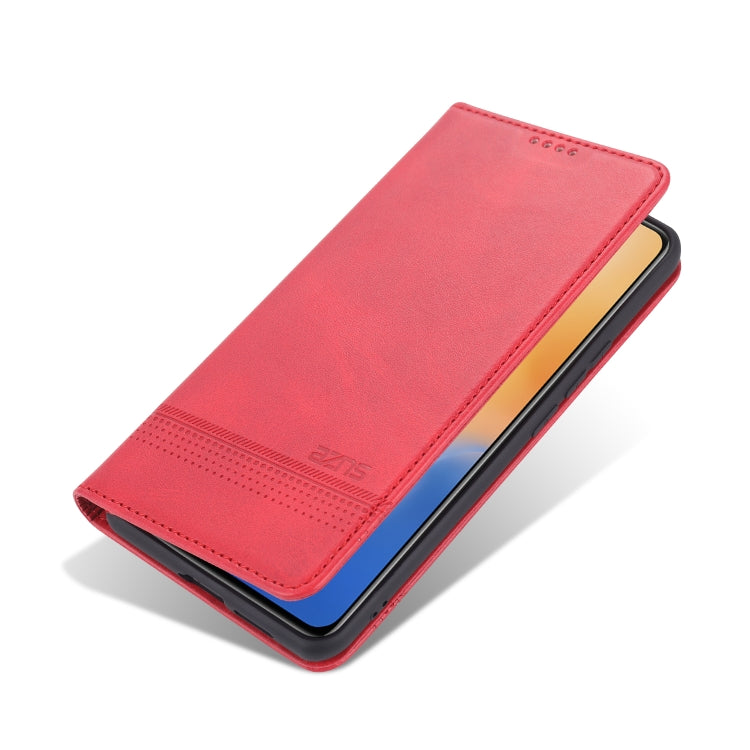 Red textured flip leather phone case with stitched edges and perforated strip detail