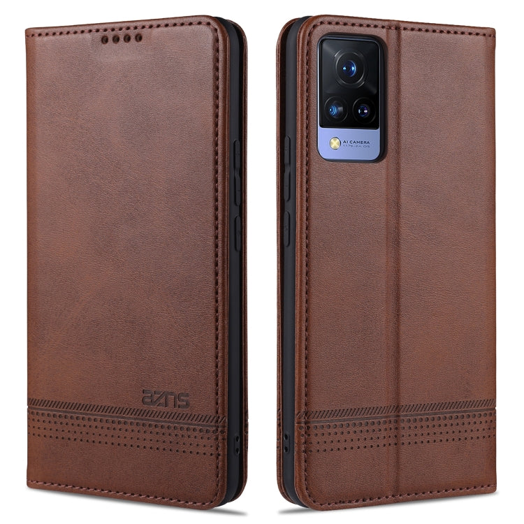 Dark brown flip leather phone case with magnetic closure, stitched edges, camera cutout