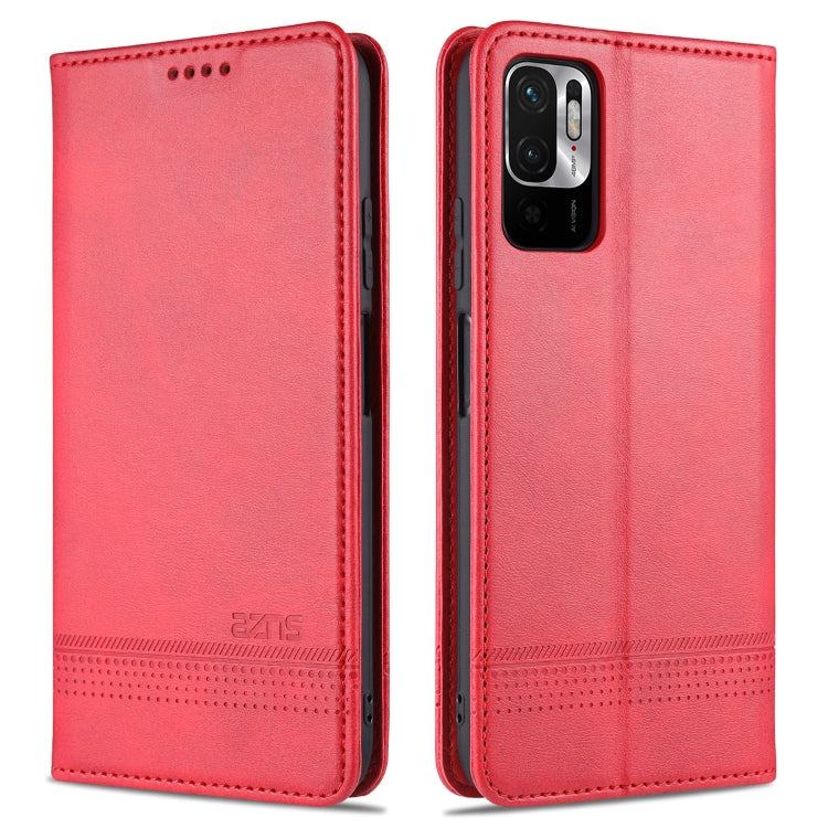 Red flip leather phone case with magnetic closure, stitched edges, camera cutout