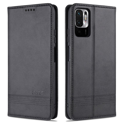 Black flip leather phone case with magnetic closure, stitched edges, camera cutout