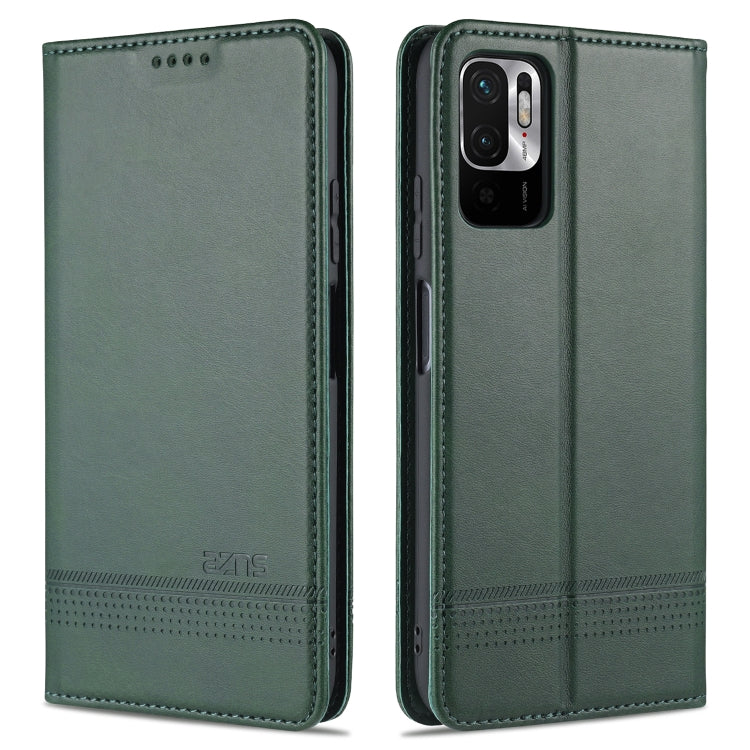 Dark green flip leather phone case with magnetic closure, stitched edges, camera cutout