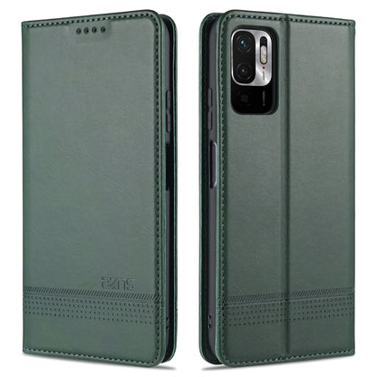Dark green flip leather phone case with magnetic closure, stitched edges, camera cutout