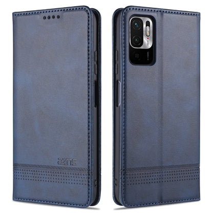 Dark blue flip leather phone case with magnetic closure, stitched edges, camera cutout