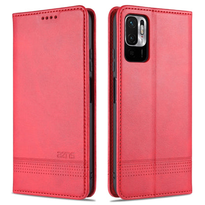 Red leather flip phone case with magnetic closure, stitched trim, camera opening