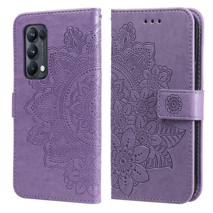 Purple PU leather phone wallet case with embossed floral mandala and camera cutout
