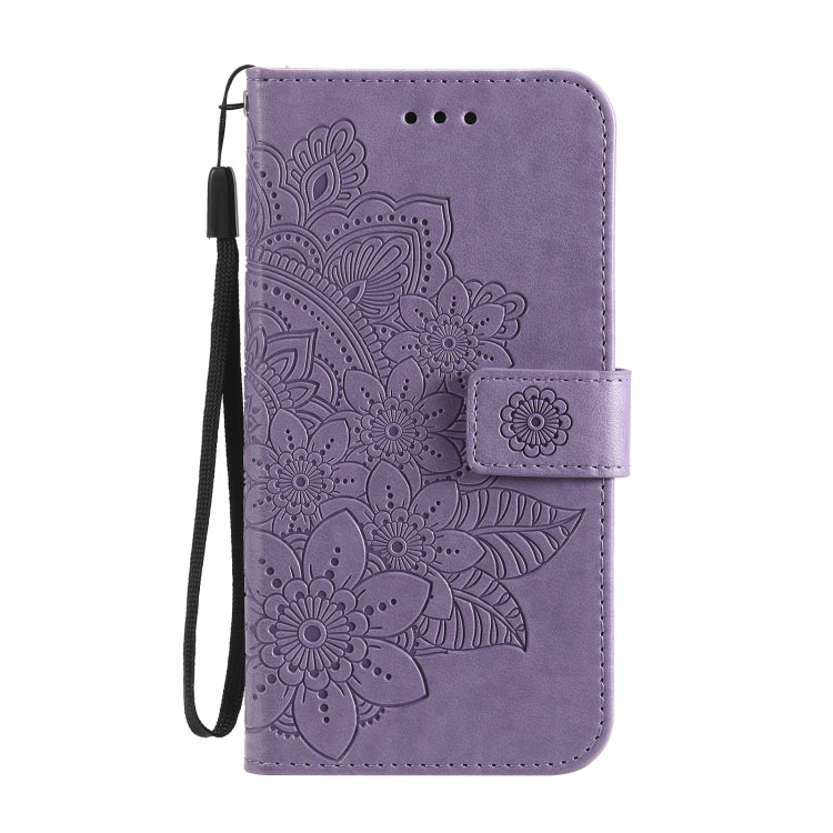 Purple flip phone case with embossed floral mandala, front strap, and card holder flap