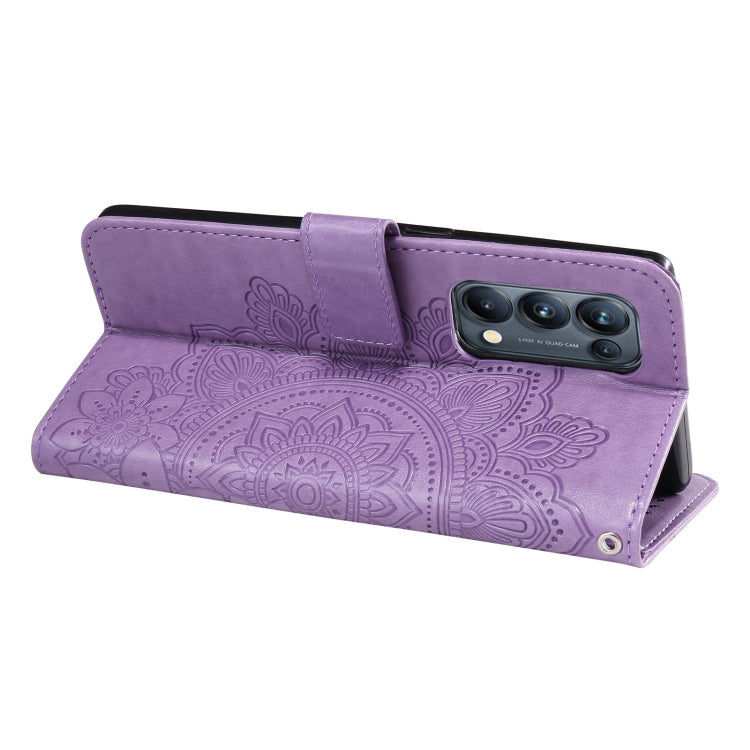 Purple PU leather flip phone case with embossed floral pattern and raised front cover