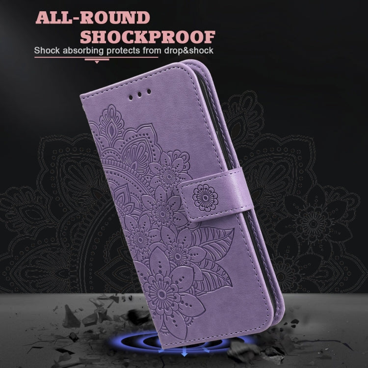 Purple flip phone case with embossed floral mandala pattern and horizontal strap