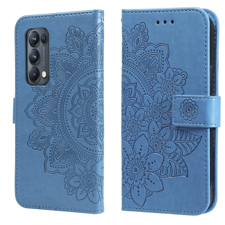 Blue PU leather flip phone wallet case with embossed floral mandala and card holder