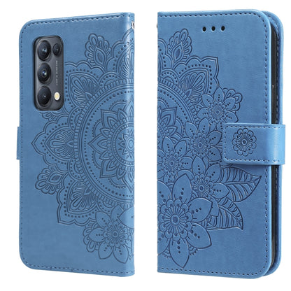 Blue PU leather flip phone wallet case with embossed floral mandala and card holder