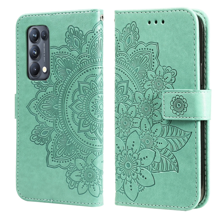Green PU leather flip phone wallet case with embossed floral mandala and card holder