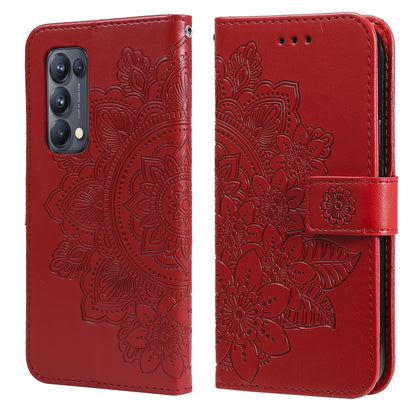 Red PU leather flip phone wallet case with embossed floral mandala and card holder
