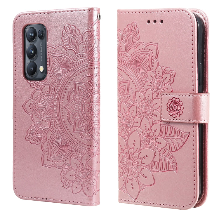 Pink PU leather flip phone wallet case with embossed floral 7-petal pattern and side strap
