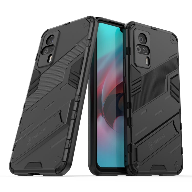 Black 2-piece rugged phone case, shown open and closed, with textured grip panels