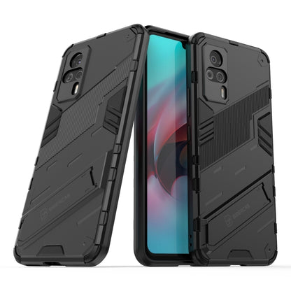 Black 2-piece rugged phone case, shown open and closed, with textured grip panels