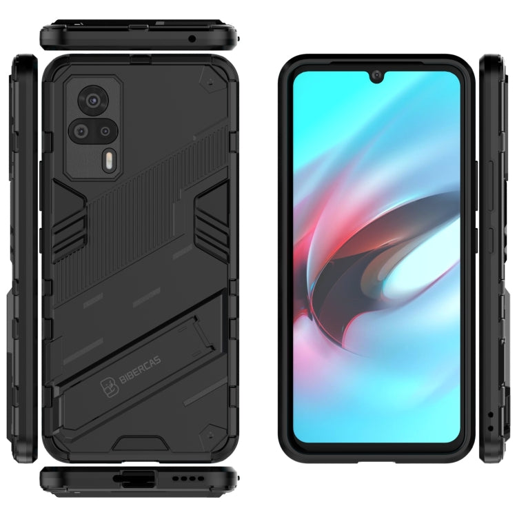 Black rugged phone case with kickstand, open view and front screen protection