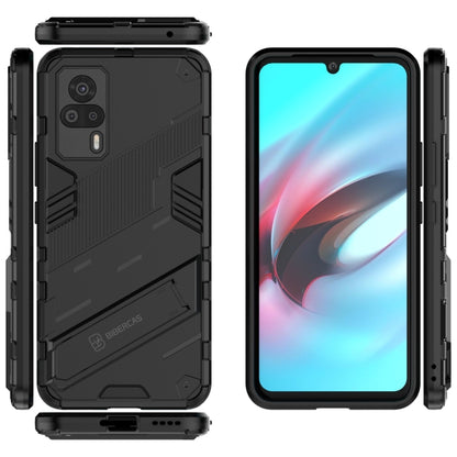 Black rugged phone case with kickstand, open view and front screen protection