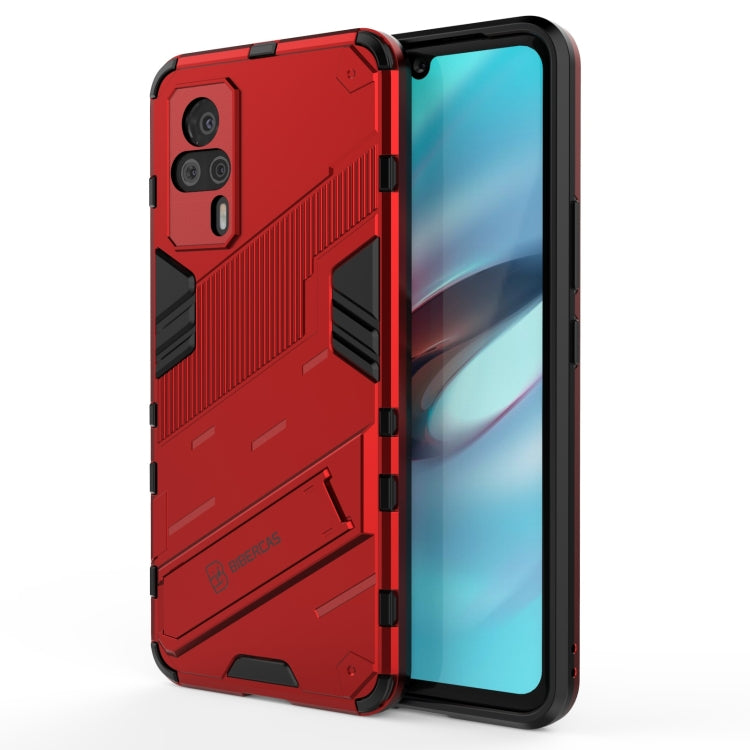 Red rugged phone case with shockproof TPU bumper and raised camera and edge protection