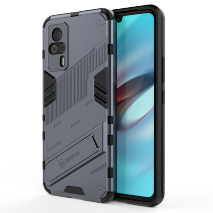 Shockproof rugged phone case with built-in holder, grey, textured armor and cutouts
