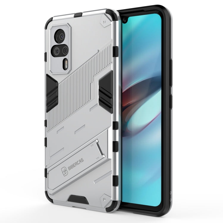 Shockproof rugged phone case with built-in holder, white, textured armor design