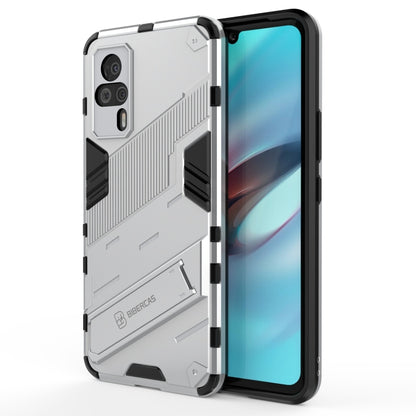 Shockproof rugged phone case with built-in holder, white, textured armor design